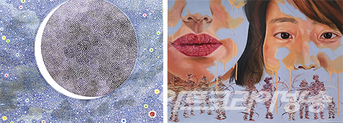 박재만 作_결코 외롭지 않네_한지에 수묵타점묘채색_40x51cm_2020 (좌)백영진 作_Other_oil_65.1x45.5cm_2022 (우)