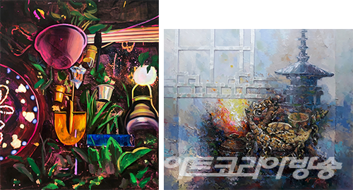 손하람 作_밤-꽃집_oil on canvas_45.5x38cm_2019 (좌)송기수 作_옛이야기21_oil on canvas_53x46cm_2021 (우)