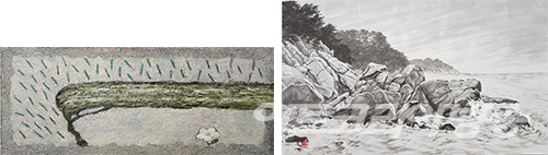 송선희 作_우산이 되어줄께_mixedmedia_26x6cm_2022 (좌)신은섭 作_시선_수묵화_64x36cm_2018 (우)