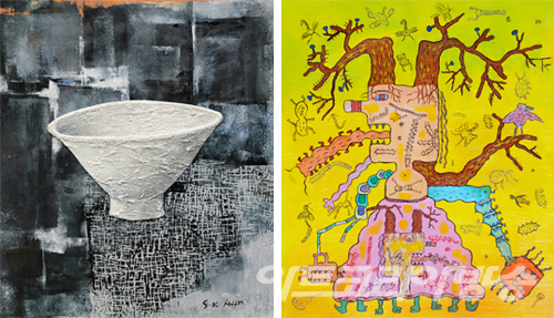 안승구 作_그릇_혼합재료_53x45.4_2022 (좌)안중홍 作_엄마와 딸_oil on canvas_50x45cm_2022 (우)