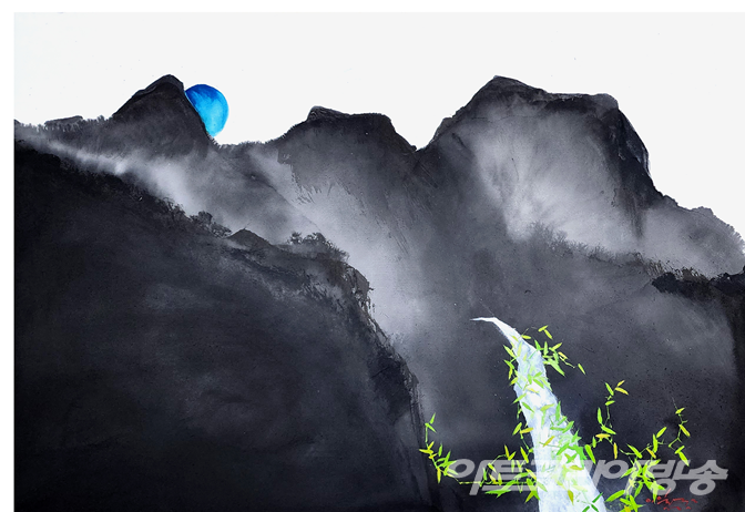 달빛 흐르고, 화선지에 먹.아크릭, 93X63cm, 2022_담운 이일구