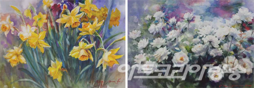 김연수 作 (좌) 지와 사랑_종이에 수채_90.9x65cm  (우) 뜨락_종이에 수채_90.9x65cm