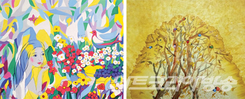 목우미술축전 - (좌) 박정실 作_happiness_91x72.7cm (우) 박정옥 作_자연에 노닐고.._10호