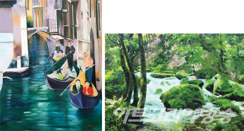 목우미술축전 - (좌) 박지후 作_여행 1 (베네치아)_91x116.8cm (우) 박진옥 作_성하의 계곡_45.5x33.4cm