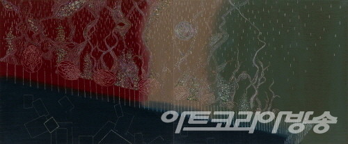 Go with the flow (흐름과 나)_146x60cm_목판에 삼베, 옻칠, 자개, 채색_2022 - 설송