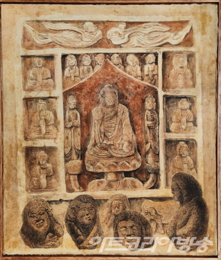 선정에 든 나한들_114x75cm_장지에 봉채 + 옻칠_2022