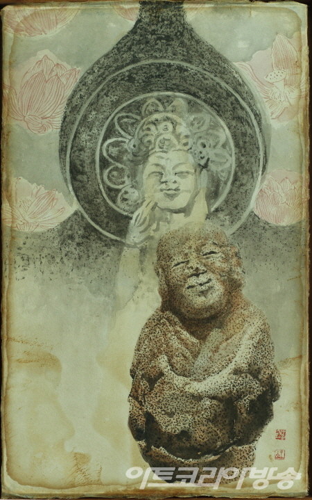 선정에 든 나한_59x36.5cm_장지에 수묵봉채 + 옻칠_2022