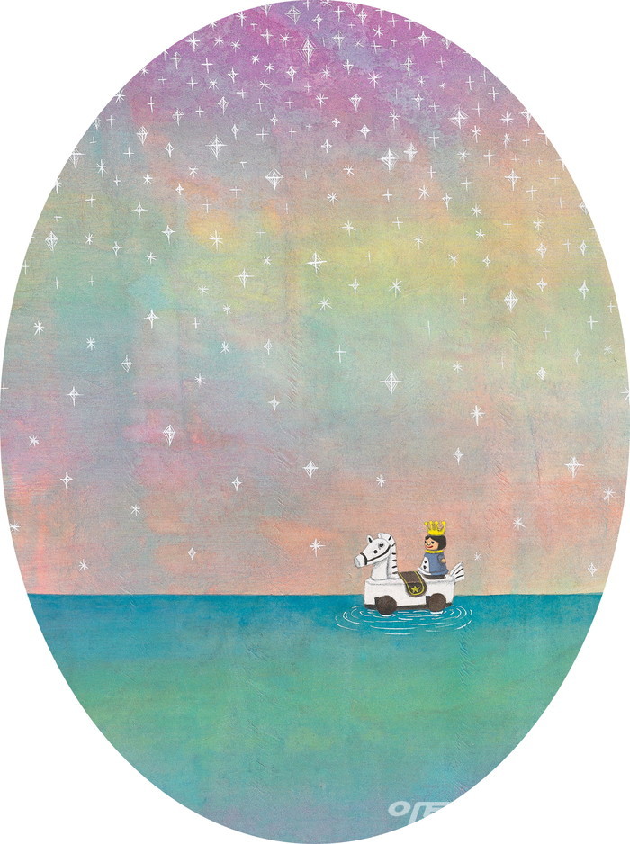 무지개 왕자, 40x30cm (타원형), 장지에 과슈와 연필, 2022 _ 이고운 기획초대전 '정원의 자장가'