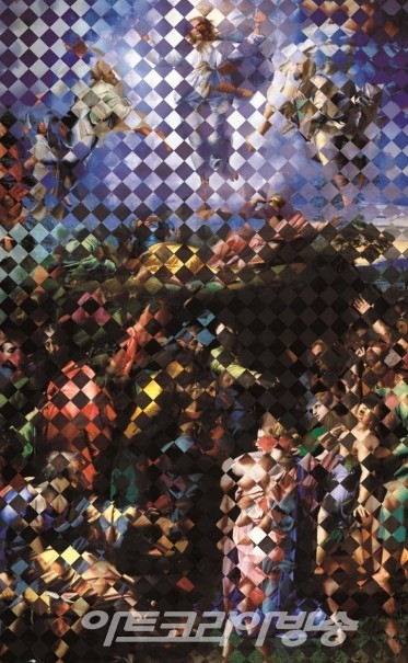 한지훈 HAN Jihoon 2022 printed tape, acrylic on canvas 130 x 80 cm