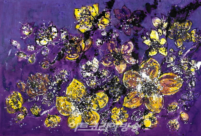 안영나,Flower No Flower-기쁨의노래, 梅冬133x165, 한지먹채색, 2022