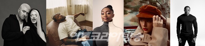 (사진 왼쪽부터 샘스미스, 킴 페트라스 / 켄드릭 라마 / 사마라 조이 / 테일러 스위프트 / 닥터드레) 사진제공 유니버설뮤직