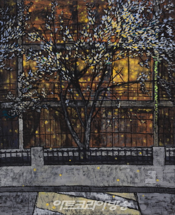 김성호, 새벽나무, 90x110.3cm, 장지에 호분, 젯소, 아크릴 과슈, 2018