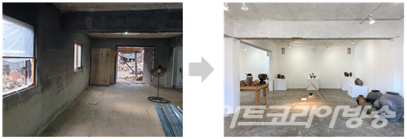 화재로 손실된 전시 체험실을 리모델링한 전라북도 진안의 ‘손내옹기’ 내부 전과 후 (사진=한국공예·디자인문화진흥원 제공)