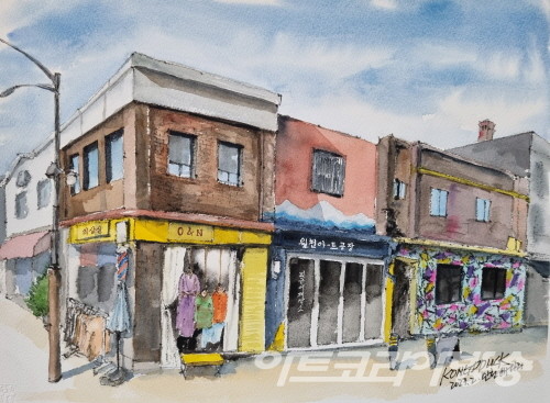 공모선정_김현정 作_배다리 공방들_나무젓가락 먹물,수채화물감,산더스중목_37x28cm_2023