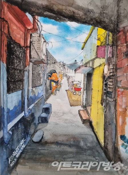 공모선정_김현정 作_빨래터 가는 길_나무젓가락 먹물,수채화물감,산더스중목_37x28cm_2023