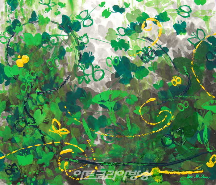           이화선, '봄봄봄'. 장지에 먹과 아크릴. 2015.  아버지와 사별한 후 그리기 시작한 작품들 중 하나다.