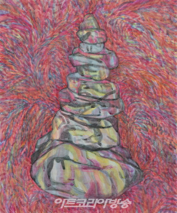 서민정_작은 돌탑_장지에 분채_45.5x37.9cm_2021