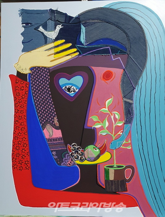 Muse Kim(김미영). 굿모닝! 땡큐!. 116.8x91cm. Acrylic on canvas. collage. 2023.