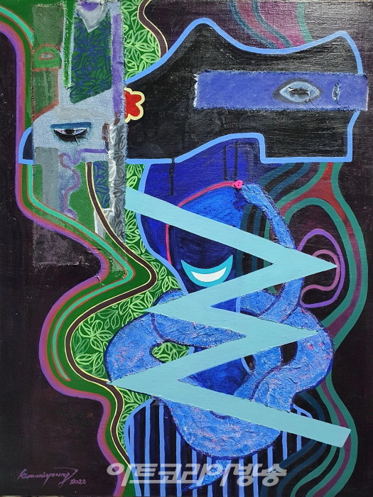 Muse Kim(김미영). 오류의 시간. 49.9x65cm. Acrylic on canvas, collage. 2022.