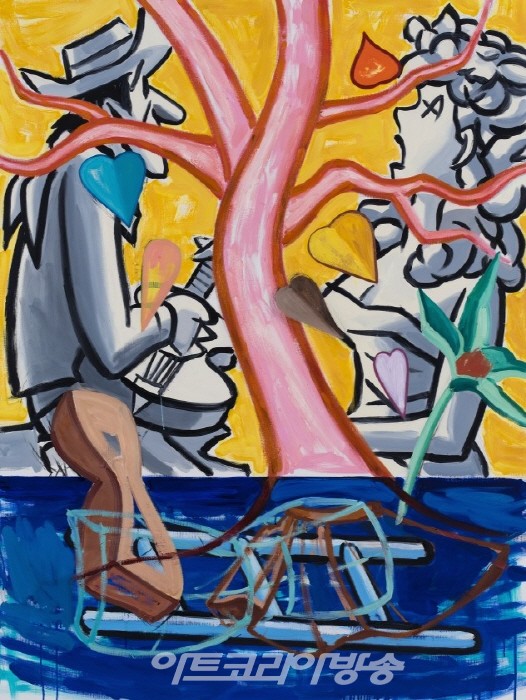  데이비드 살레, Tree of Life, Cowboys Lament, 2022, Oil and acrylic on linen, 142.2 × 106.7 cm