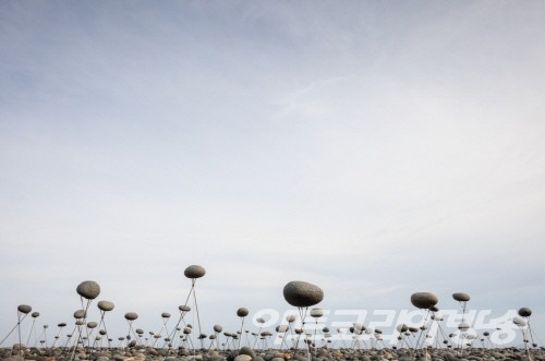 박아론 作_The Rising Stones_전남 완도 정도리, 몽돌, 스테인리스 스틸_가변설치_2016