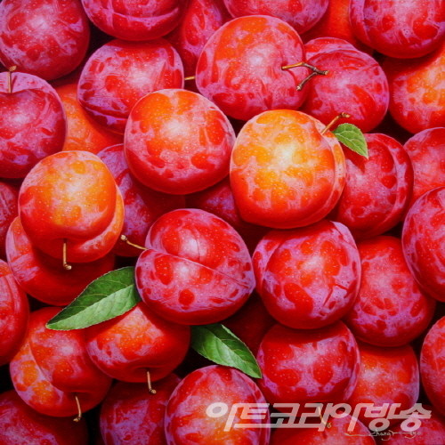 이창효 作_ [No 866] 자두-풍요_80.3x80.3cm_Oil on canvas, 한지_2022