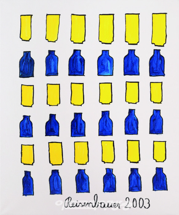 병 그리고 유리잔, 캔버스에 에딩펜과 아크릴, 2003