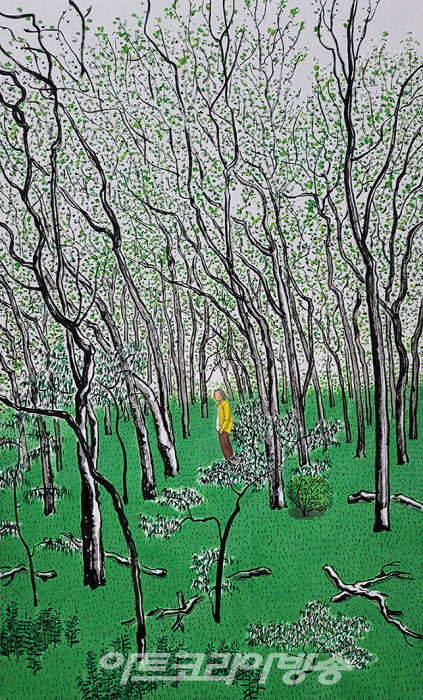 풍경의_힘_추니박,_침묵의_숲-자화상,_2023,_한지위에_먹,_아크릴릭,_128×79cm