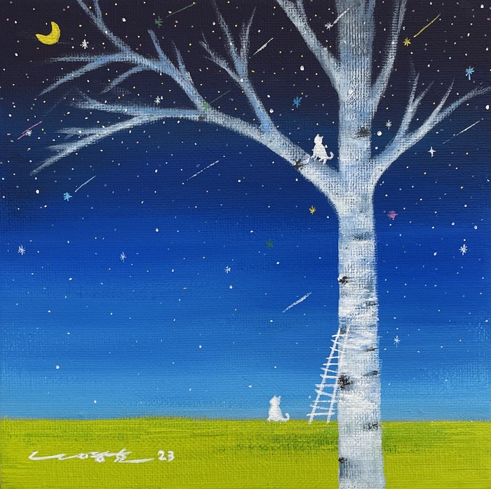 달빛고양이와 별빛 17.9x17.9cm gouache on canvas 2023