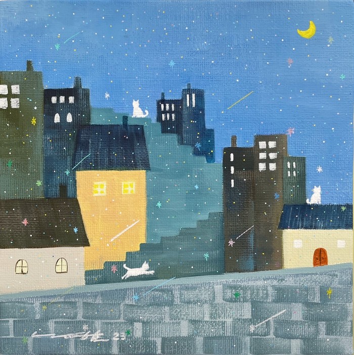달빛고양이 별따라 17.9x17.9cm gouache on canvas 2023