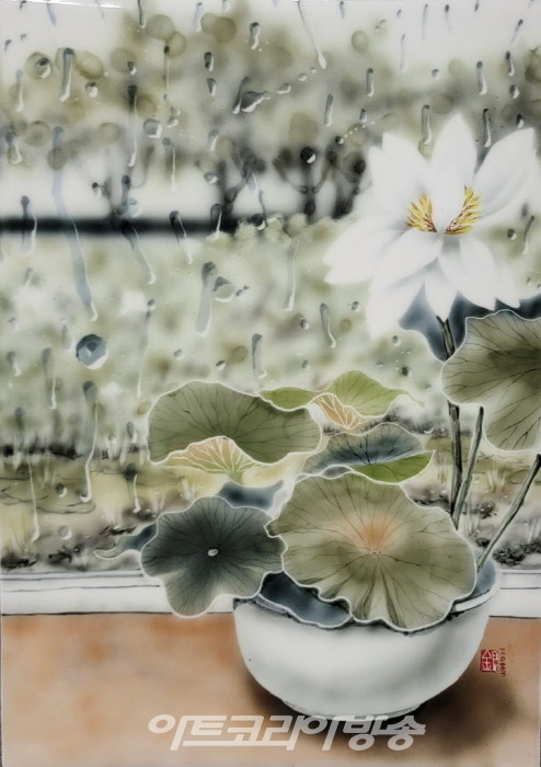 두물머리와 연꽃 30x36cm painting on ceramic 백자도판 1235°c 산화소성 2023