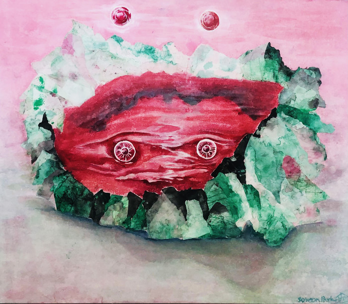 박소연, 비추다1, 45.5x53.0cm, 장지에 채색, 호분, 한지콜라주, 2022