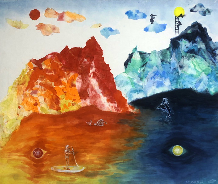 박소연, 비추다2, 60.6x72.7cm, 장지에 채색, 금분, 한지콜라주, 2022