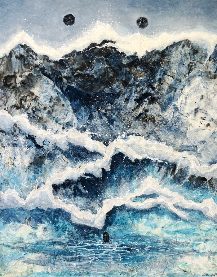 박소연, 비추다4, 116.8x91.0cm, 장지에 채색, 먹 ,한지 콜라주, 2023