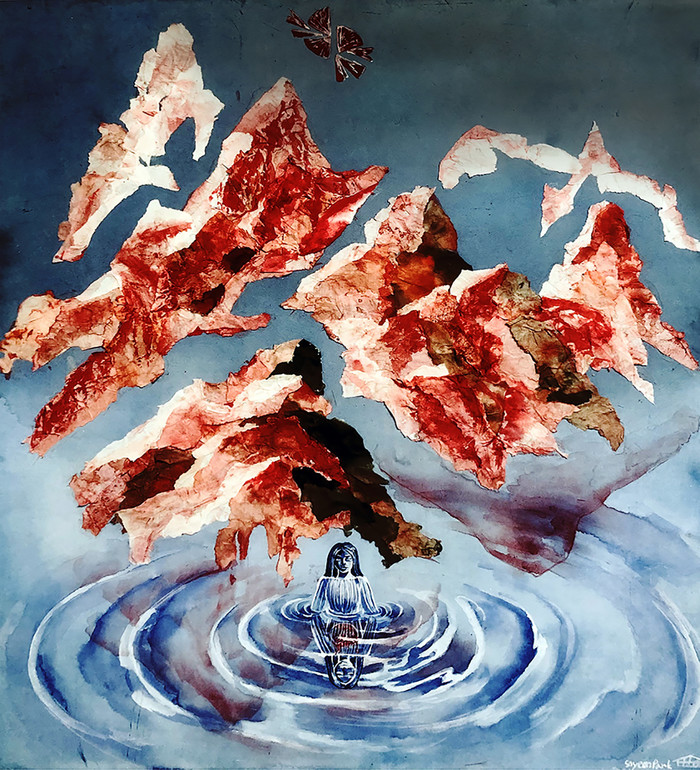 박소연, 상처를 비추다, 60.6x72.7cm 장지에 채색, 한지콜라주, 2022