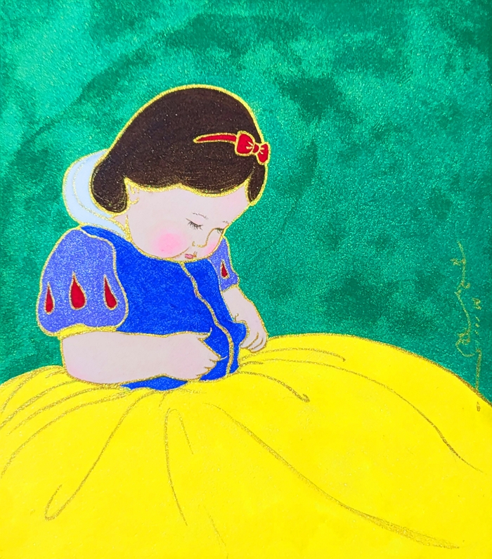 정연희. 백설공주 배가 살아있습니다. 20.3cm x 23.5cm 장지위에 혼합채색 2023