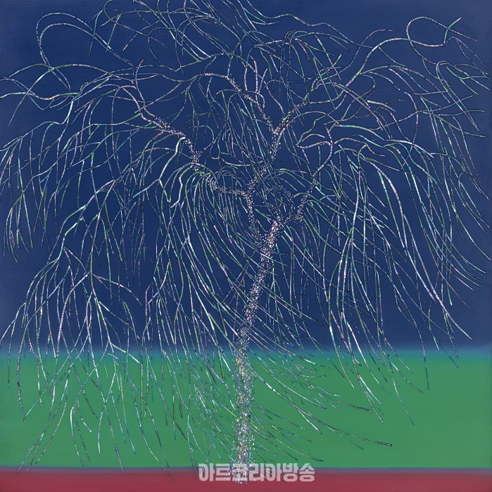 정회윤, 버드나무4, 100x100cm, 자작나무에 천연옻칠.자개,2023