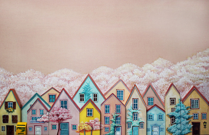 지유라 作 _ 행복이 자라는 집 60x42 acrylic on wood  2023 press│아트스페이스J CUBE1