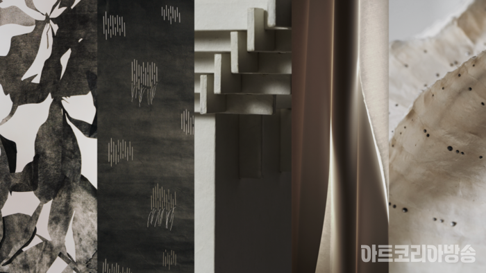 (왼쪽부터) 스튜디오 누에 ‘여정(JOURNEY)’, 바이 그레이 ‘빛나는 비(A SHINING RAIN)’, 스튜디오 신유 ‘Lin(FLOOR TABLE)’, 김선희 ‘시간(LIGHT LIGHT TIME)’, 스튜디오 포 ‘단색의 군상(MONOCHROMATIC)’ ┃ 한국공예·디자인문화진흥원(공진원) 