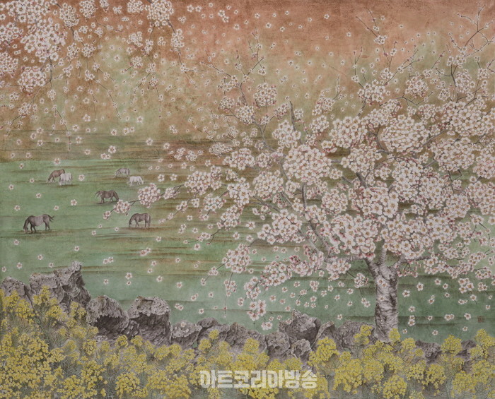 최미선, 똣똣이 벛꽃제주, 장지에 채색, 135x168cm, 2023