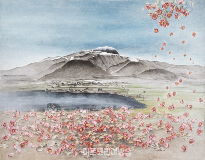 최미선, 제주그리멍 수산리 동백, 장지에 채색, 130x160cm, 2021