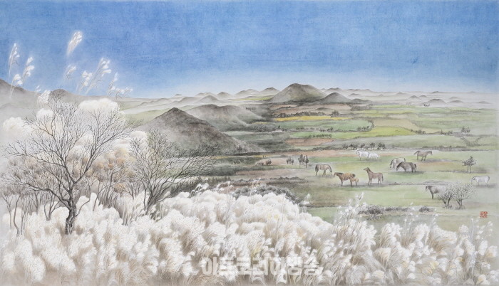 최미선, 제주그리夢 오름, 한지에 채색, 66x116cm, 2022