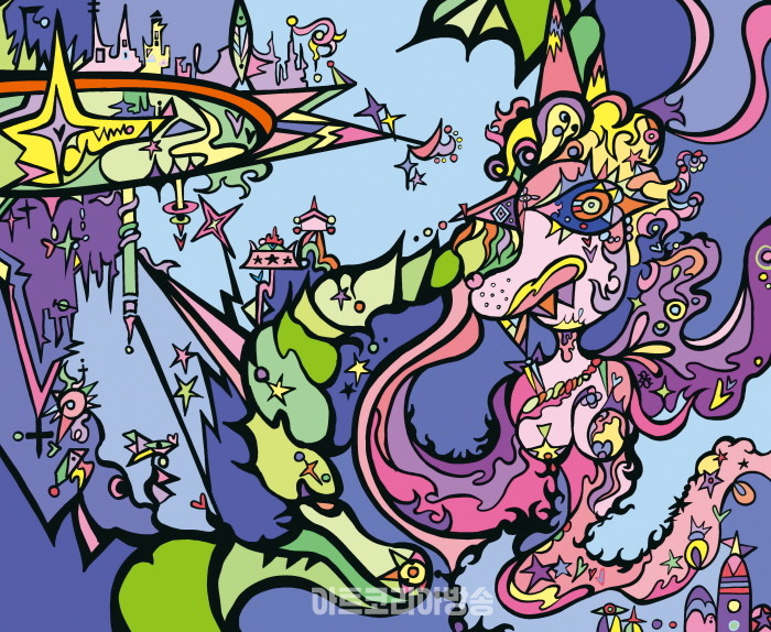 콘스텔라 디.엘. SANG SANG LAND Contopia 2-천사의 꿈. 72.7x60.6cm. Mixed media on wood pannel. 2023