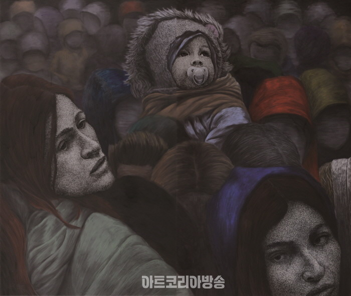 악몽이 된 어느날, 장지, 먹, 수정테이프, 아크릴, 콩테, 오일파스텔, 162.3X190.2cm, 2022