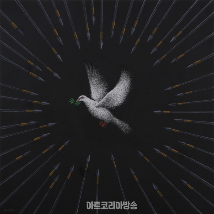 위험한 평화_장지, 먹, 수정테이프, 아크릴, 콩테, 120X120cm, 2023