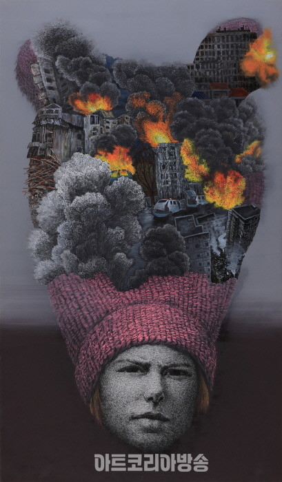 은밀한 파괴자, 장지, 먹, 아크릴, 수정테이프, 콩테, 오일 파스텔, 162.4×95.2cm, 2022