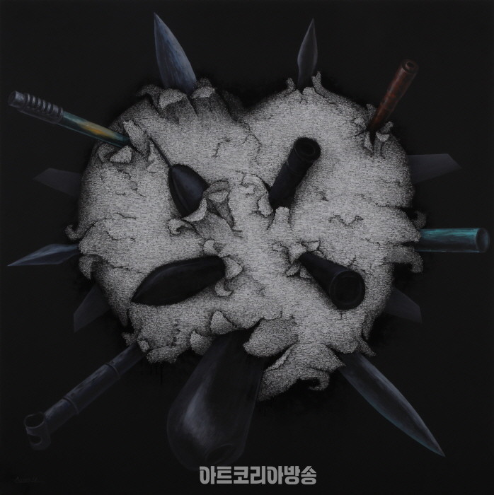 침묵의 언어_장지, 먹, 수정테이프, 아크릴, 콩테, 120X120cm, 2023