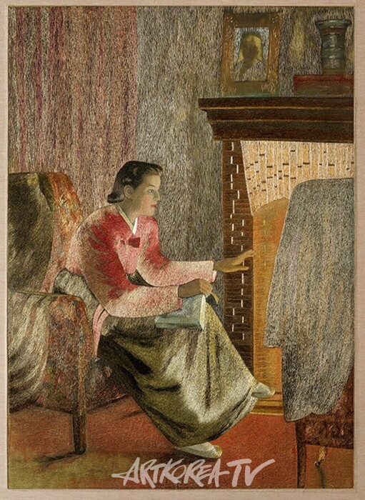 김혜경, ‹정야›(1949) 비단에 자수, 92×66cm, 유족 소장.