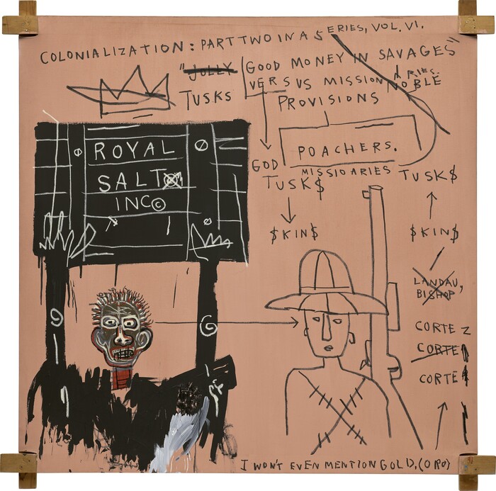 Jean-Michel BasquiatNatives Carrying Some Guns, Bibles, Amorites on Safar, 1982추정가: US $11,540,000-15,380,000(한화 약 157-209억 원) (5월 31일 이브닝 경매에 출품될 예정)