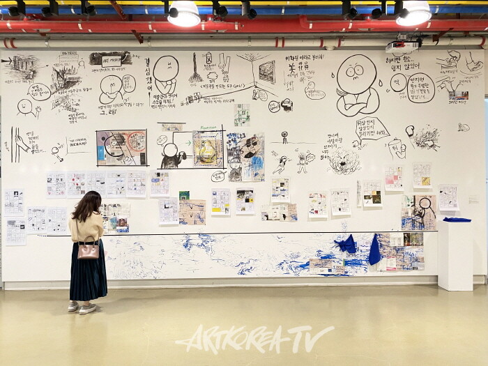 Museum Drawing, 벽과 전시팜플렛 위에 드로잉, 청소오브제(걸레), 인쇄된 만화(20장), 마스킹테이프, 가변설치, 2023-2024